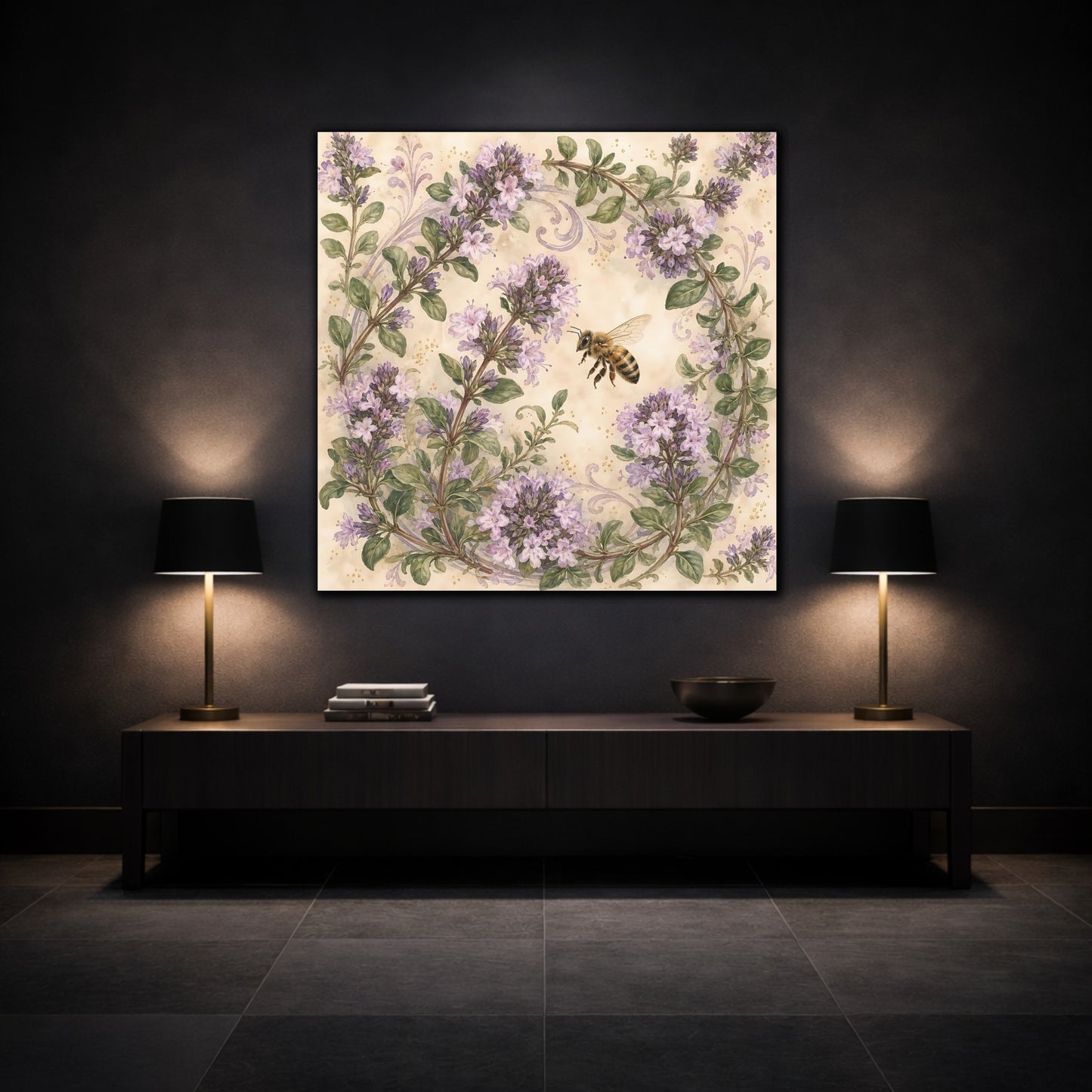Mockup 3. Earthy Organic Realism Bee Near Flowering Thyme Stems shown as stretched canvas wall art