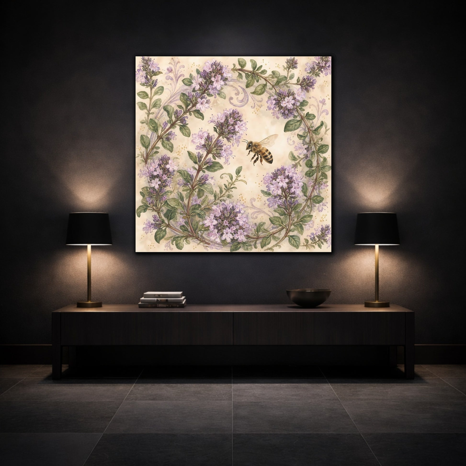 Mockup 3. Earthy Organic Realism Bee Near Flowering Thyme Stems shown as stretched canvas wall art