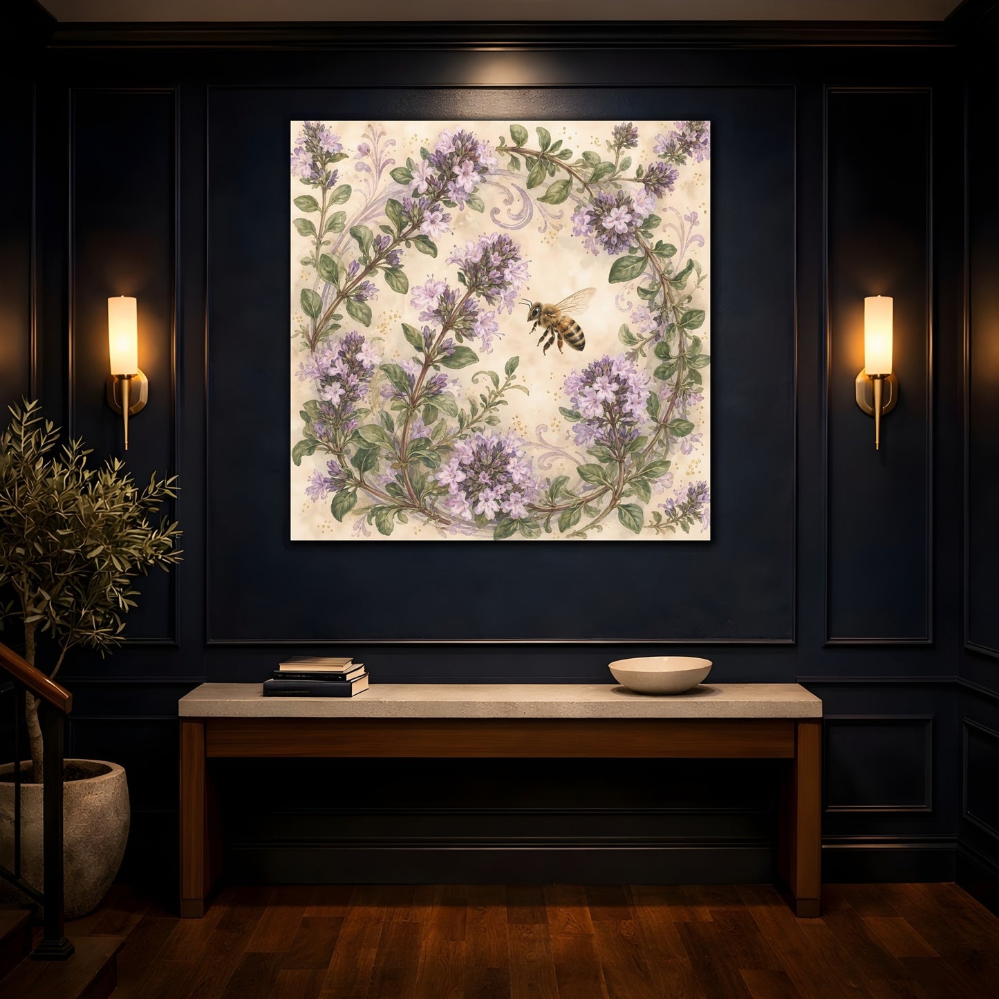 Mockup 4. Earthy Organic Realism Bee Near Flowering Thyme Stems shown as stretched canvas wall art