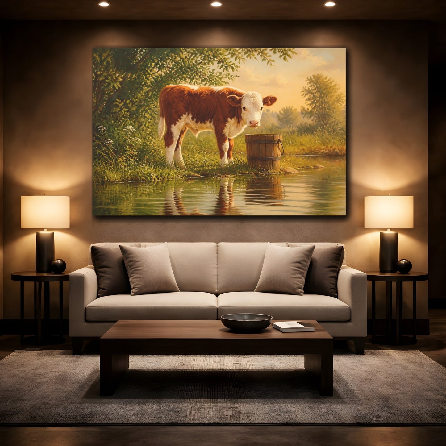 Mockup 2. Earthy Organic Realism Calf Beside Wooden Bucket shown as stretched canvas wall art