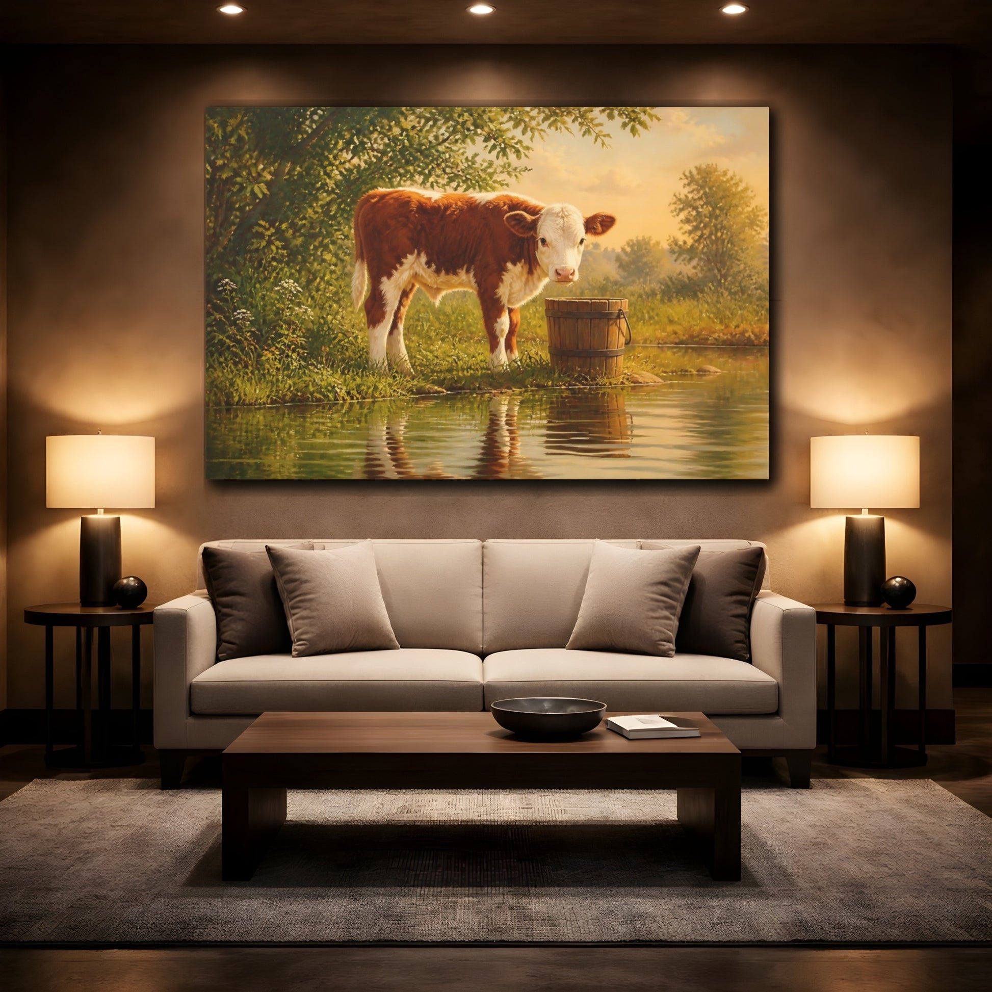 Mockup 2. Earthy Organic Realism Calf Beside Wooden Bucket shown as stretched canvas wall art