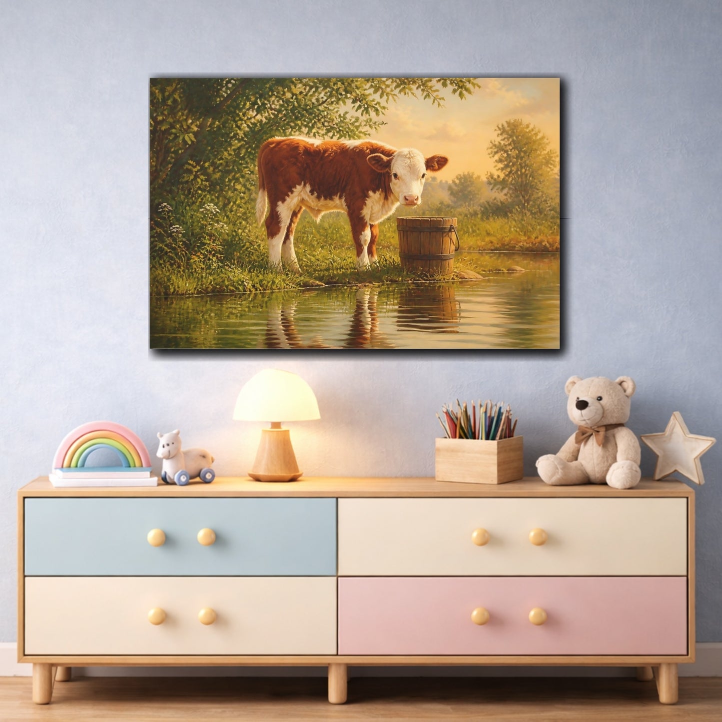 Mockup 3. Earthy Organic Realism Calf Beside Wooden Bucket shown as stretched canvas wall art