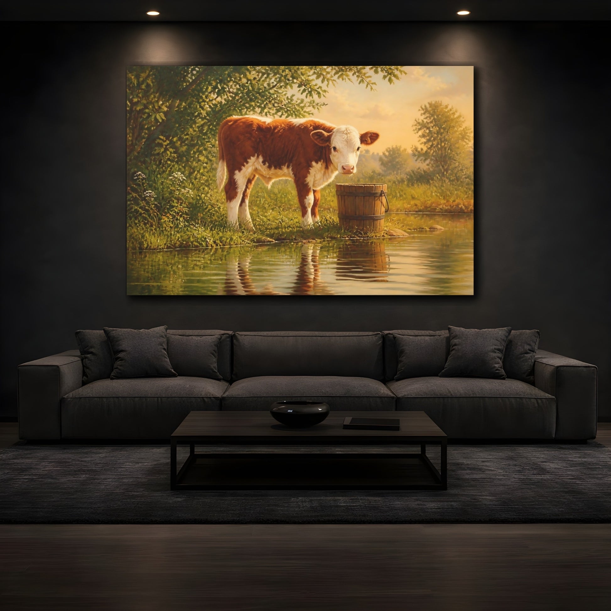 Mockup 4. Earthy Organic Realism Calf Beside Wooden Bucket shown as stretched canvas wall art