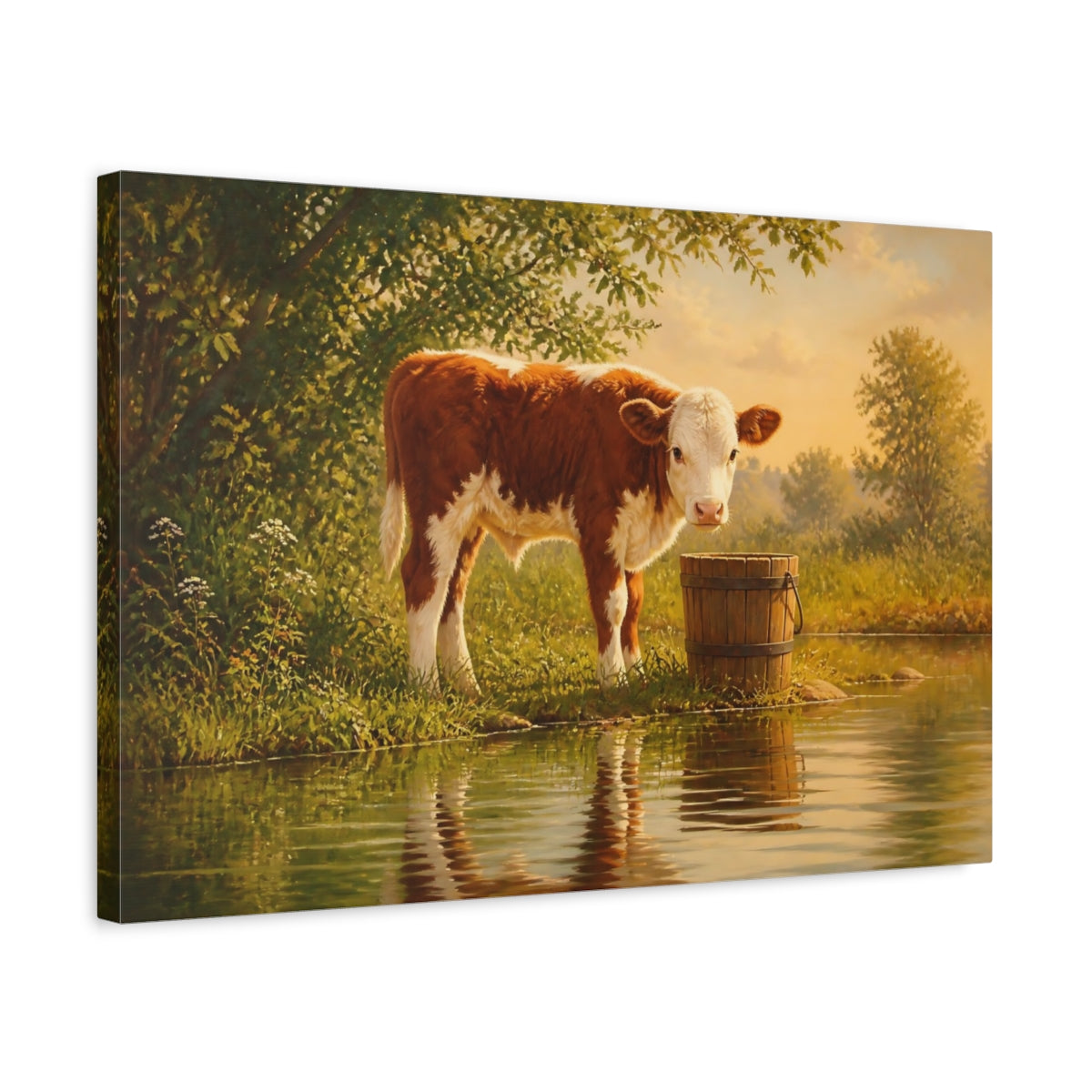 Side Mockup 3. Earthy Organic Realism Calf Beside Wooden Bucket shown as stretched canvas wall art