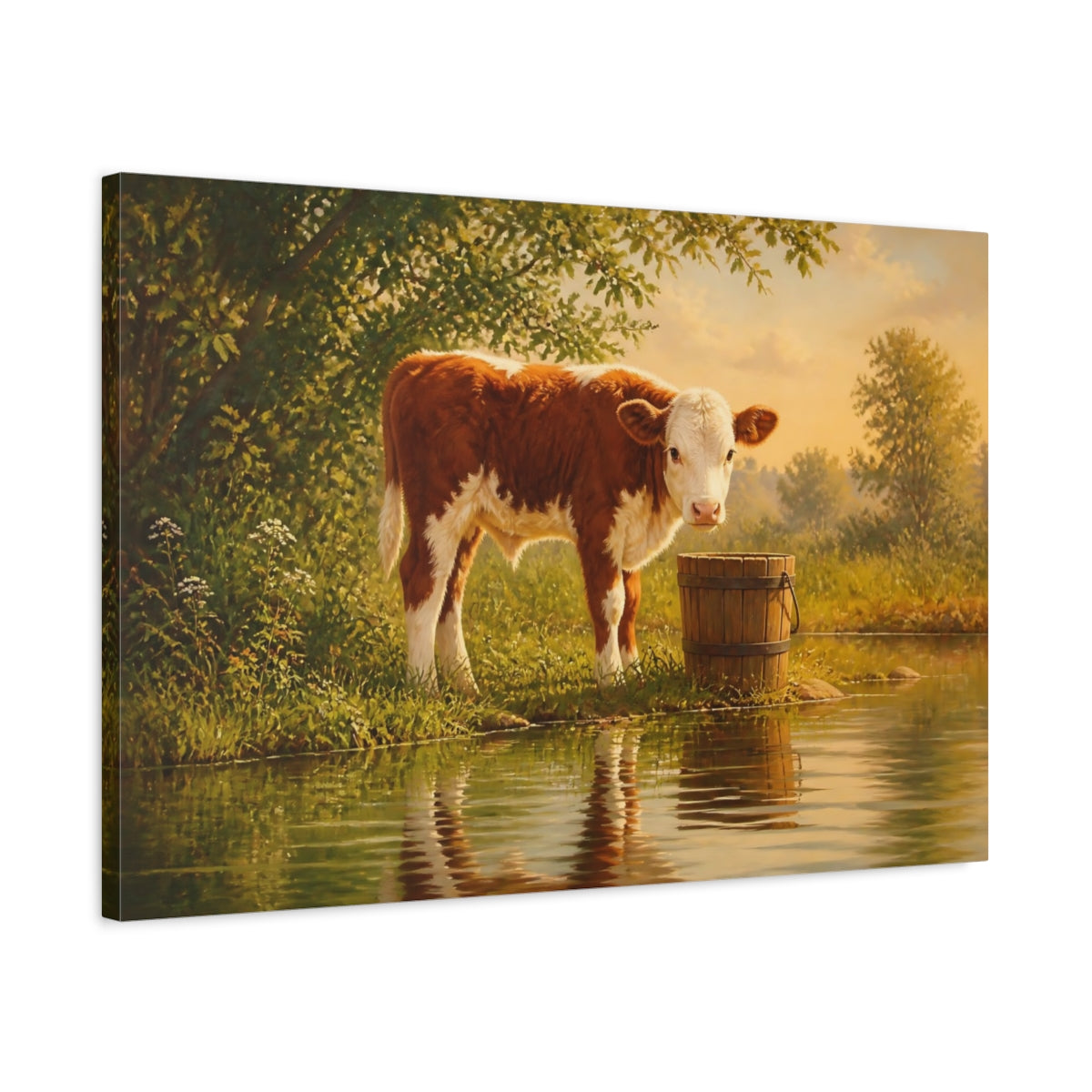 Side Mockup 2. Earthy Organic Realism Calf Beside Wooden Bucket shown as stretched canvas wall art