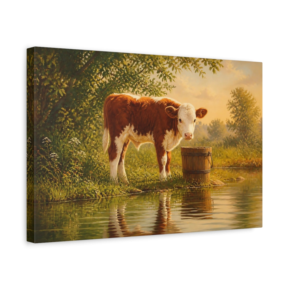 Side Mockup 4. Earthy Organic Realism Calf Beside Wooden Bucket shown as stretched canvas wall art