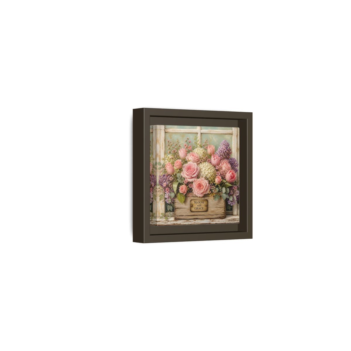 Side Mockup 23. Earthy Organic Realism Flowers Inside Weathered Wooden Box shown as stretched canvas wall art