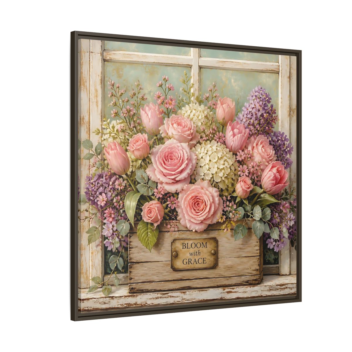 Side Mockup 5. Earthy Organic Realism Flowers Inside Weathered Wooden Box shown as stretched canvas wall art