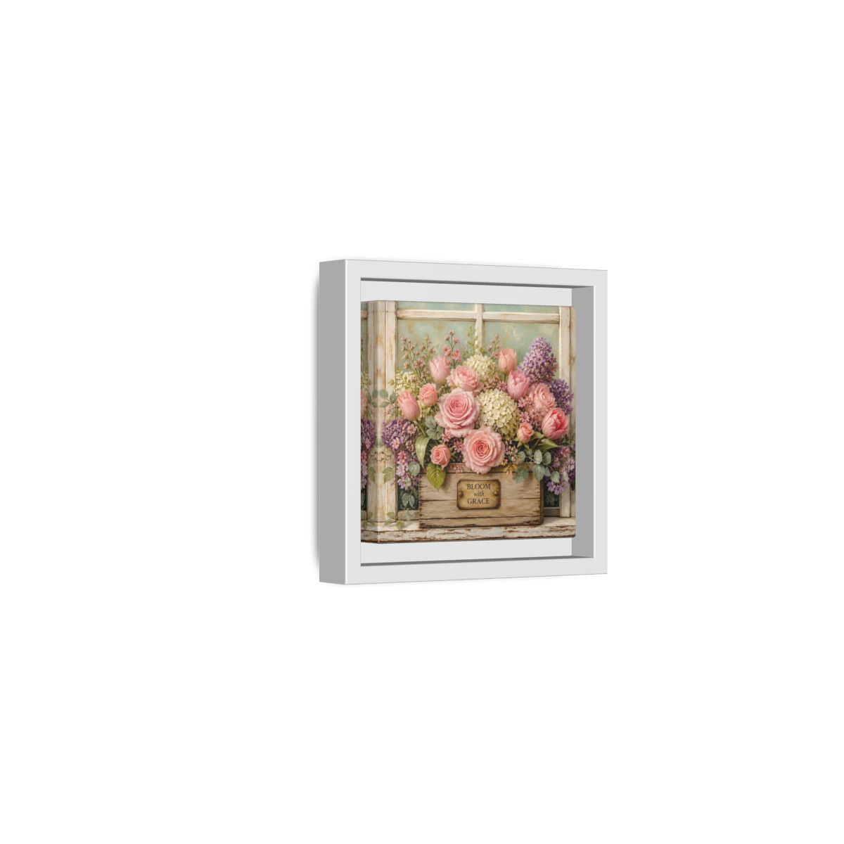 Side Mockup 22. Earthy Organic Realism Flowers Inside Weathered Wooden Box shown as stretched canvas wall art