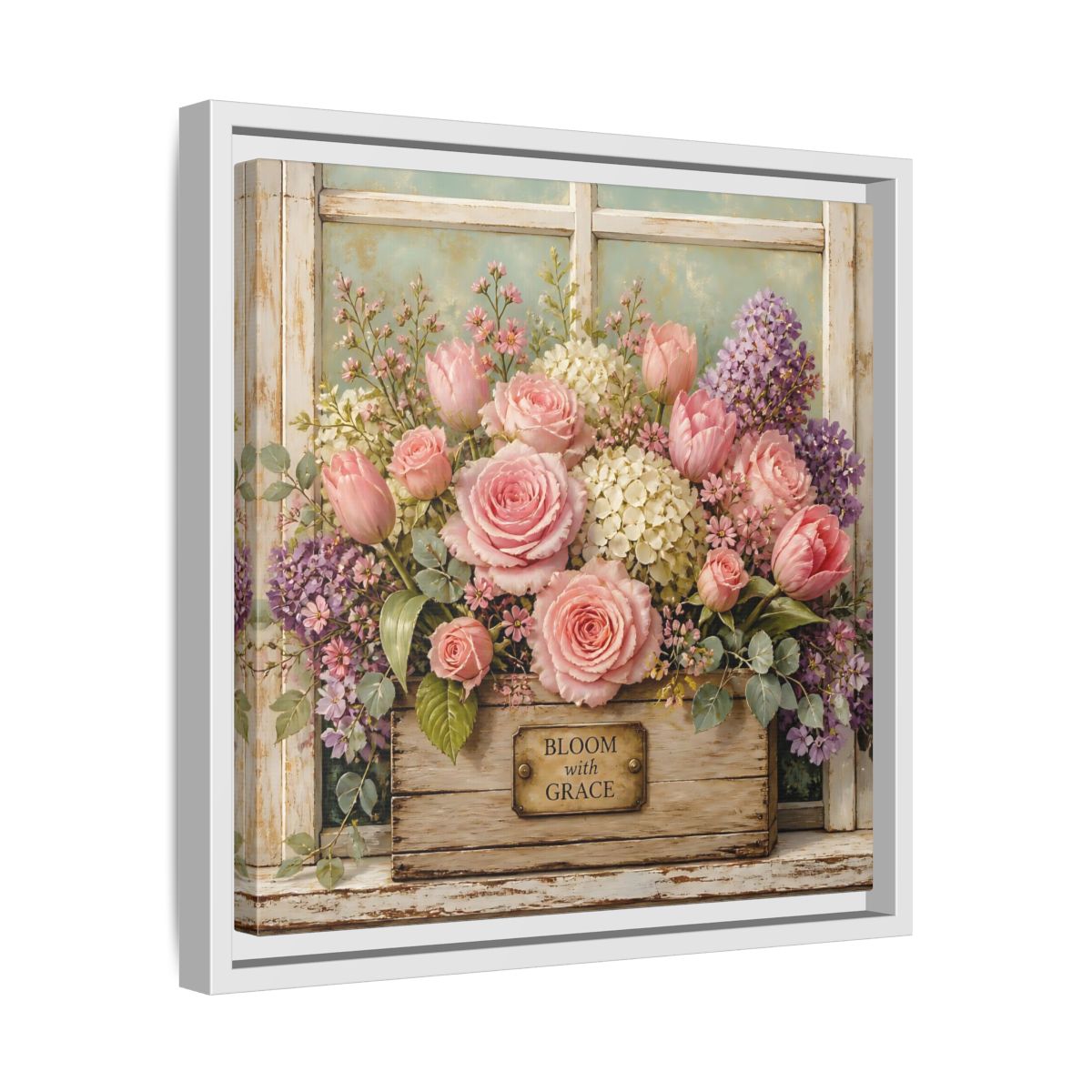 Side Mockup 28. Earthy Organic Realism Flowers Inside Weathered Wooden Box shown as stretched canvas wall art