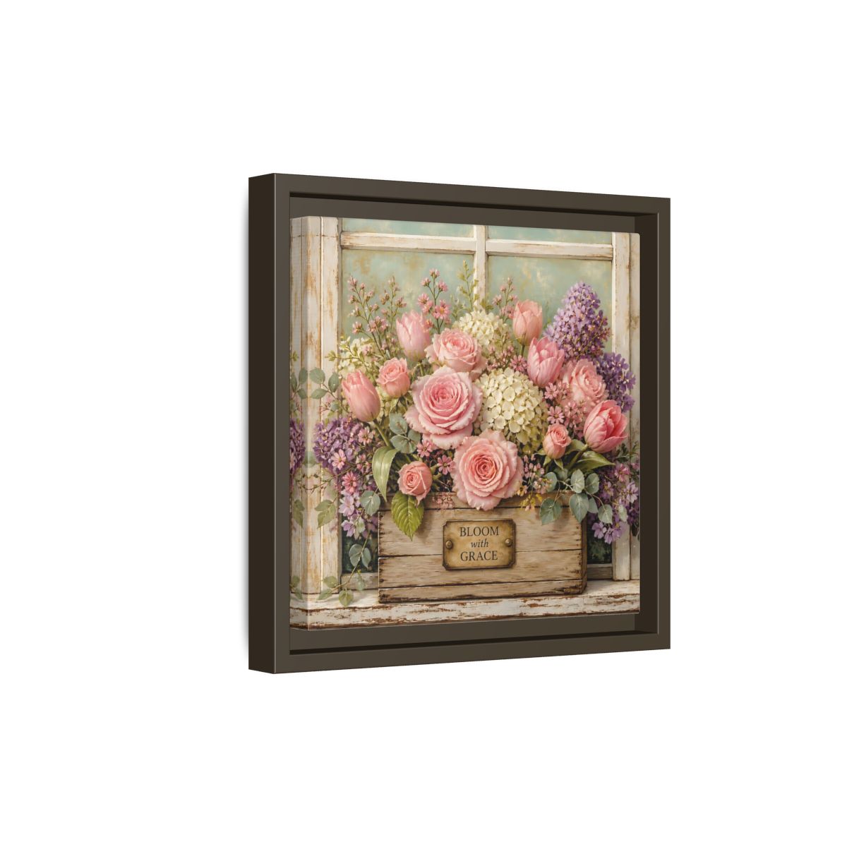 Side Mockup 20. Earthy Organic Realism Flowers Inside Weathered Wooden Box shown as stretched canvas wall art