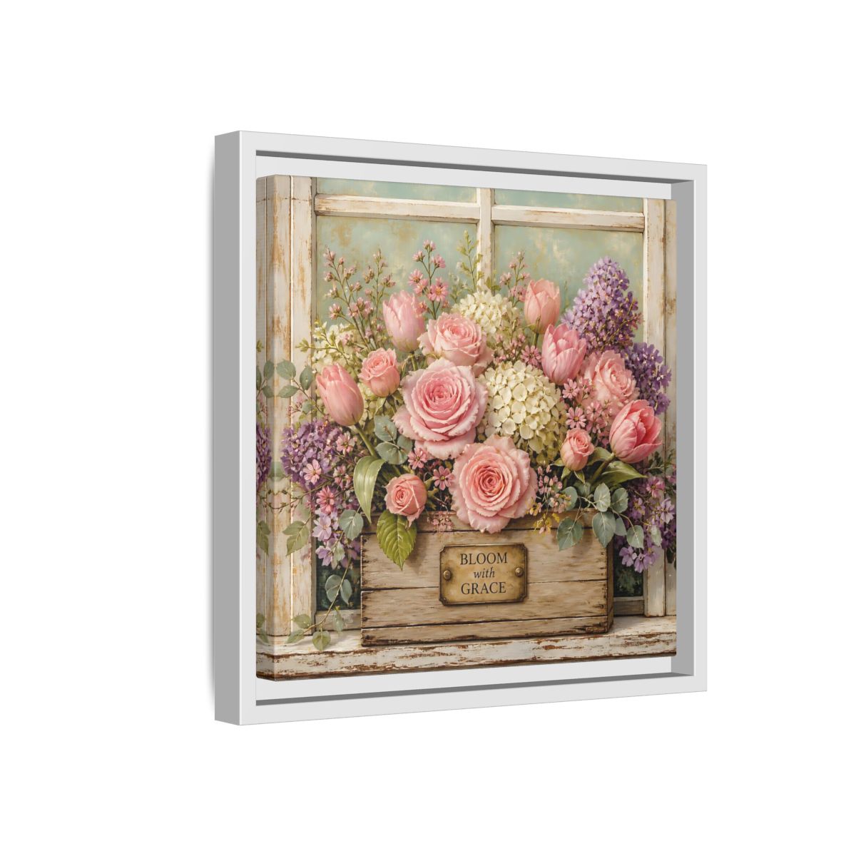 Side Mockup 16. Earthy Organic Realism Flowers Inside Weathered Wooden Box shown as stretched canvas wall art