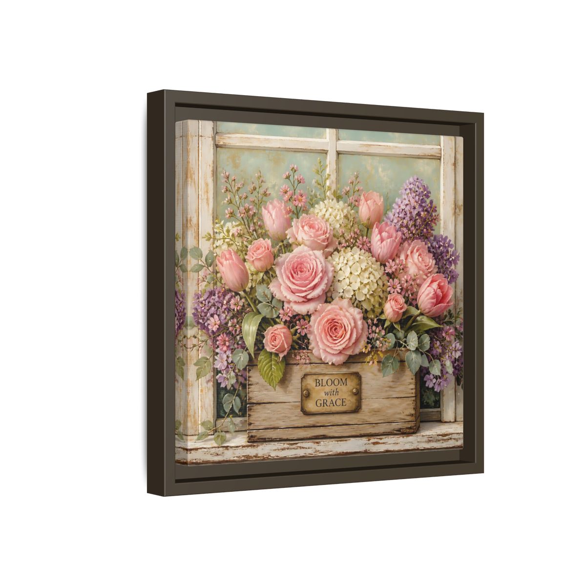 Side Mockup 17. Earthy Organic Realism Flowers Inside Weathered Wooden Box shown as stretched canvas wall art