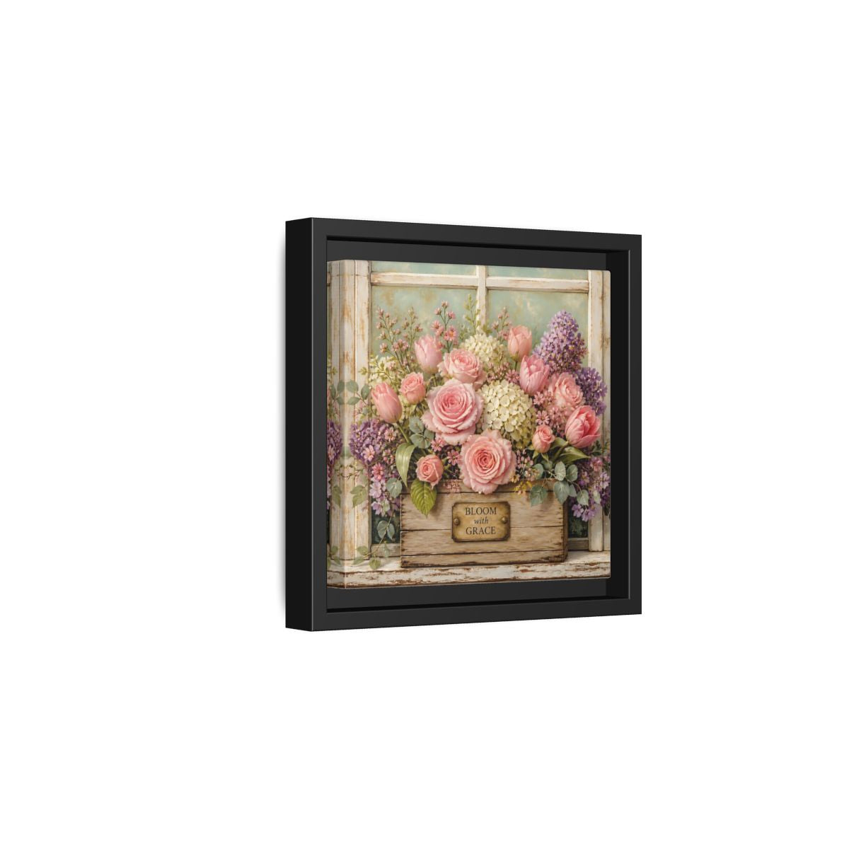 Side Mockup 3. Earthy Organic Realism Flowers Inside Weathered Wooden Box shown as stretched canvas wall art