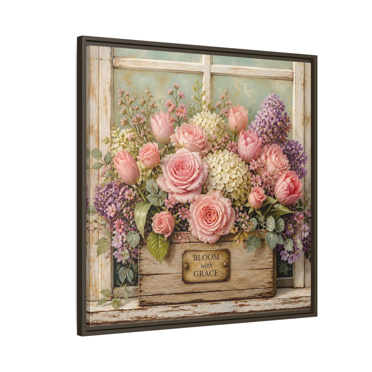 Side Mockup 8. Earthy Organic Realism Flowers Inside Weathered Wooden Box shown as stretched canvas wall art