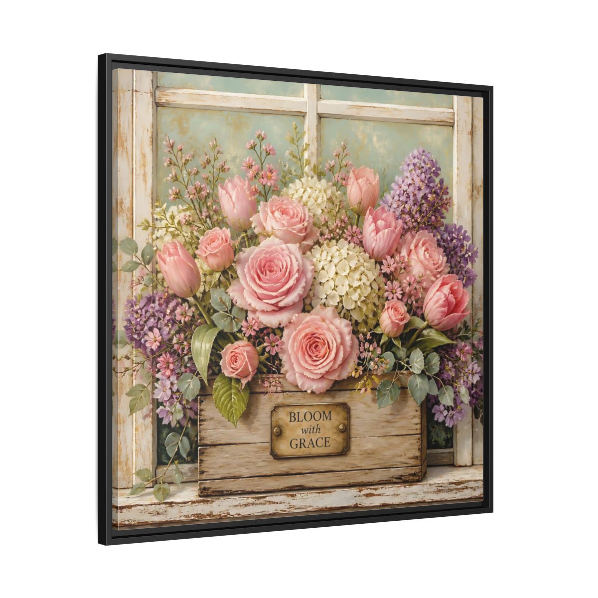Side Mockup 30. Earthy Organic Realism Flowers Inside Weathered Wooden Box shown as stretched canvas wall art
