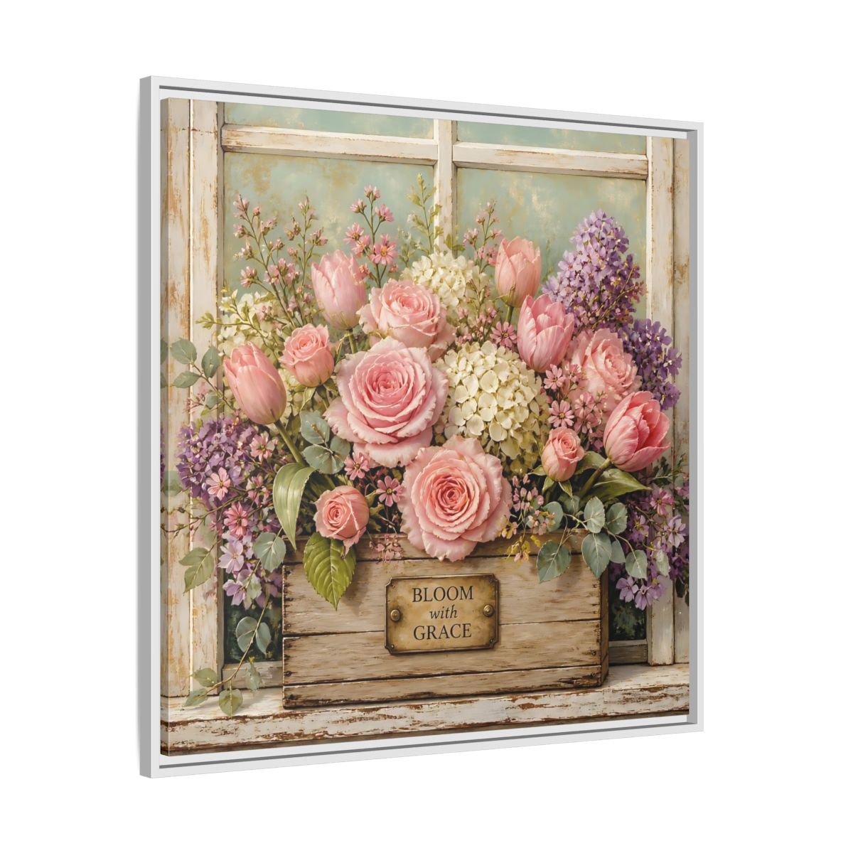 Side Mockup 25. Earthy Organic Realism Flowers Inside Weathered Wooden Box shown as stretched canvas wall art