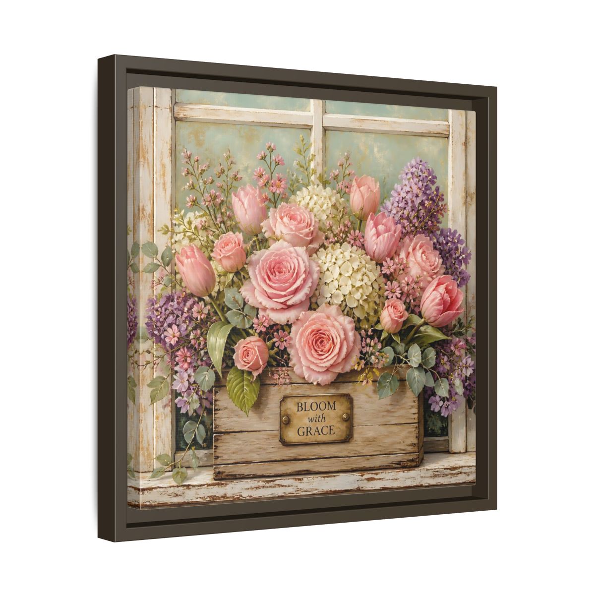 Side Mockup 29. Earthy Organic Realism Flowers Inside Weathered Wooden Box shown as stretched canvas wall art