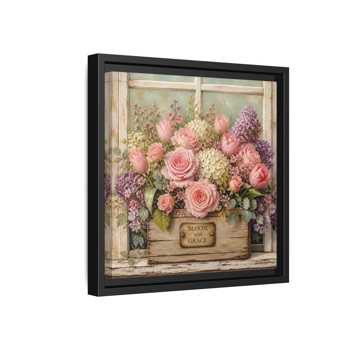 Side Mockup 18. Earthy Organic Realism Flowers Inside Weathered Wooden Box shown as stretched canvas wall art