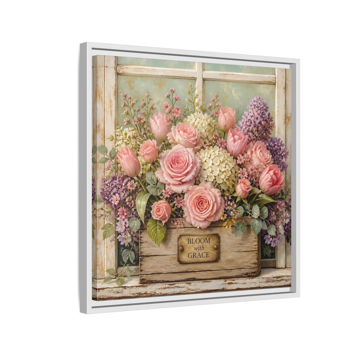 Side Mockup 10. Earthy Organic Realism Flowers Inside Weathered Wooden Box shown as stretched canvas wall art