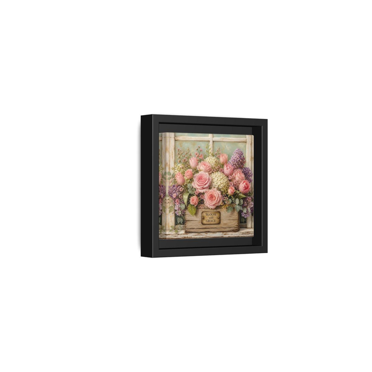 Side Mockup 24. Earthy Organic Realism Flowers Inside Weathered Wooden Box shown as stretched canvas wall art