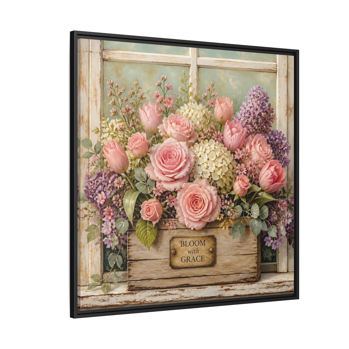 Side Mockup 6. Earthy Organic Realism Flowers Inside Weathered Wooden Box shown as stretched canvas wall art