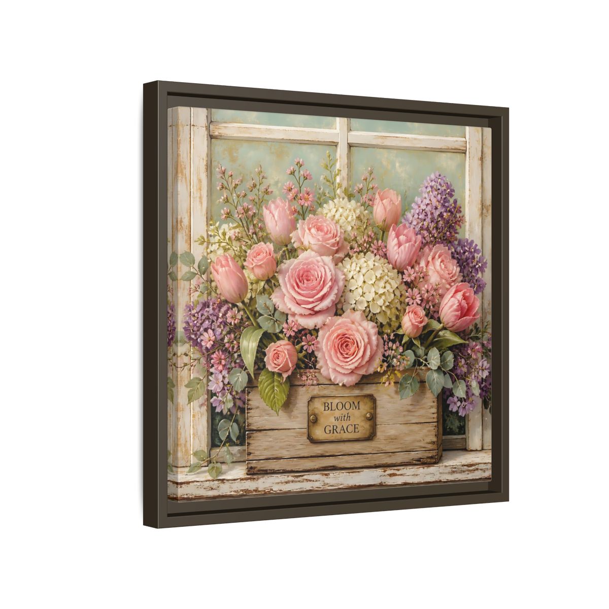 Side Mockup 14. Earthy Organic Realism Flowers Inside Weathered Wooden Box shown as stretched canvas wall art