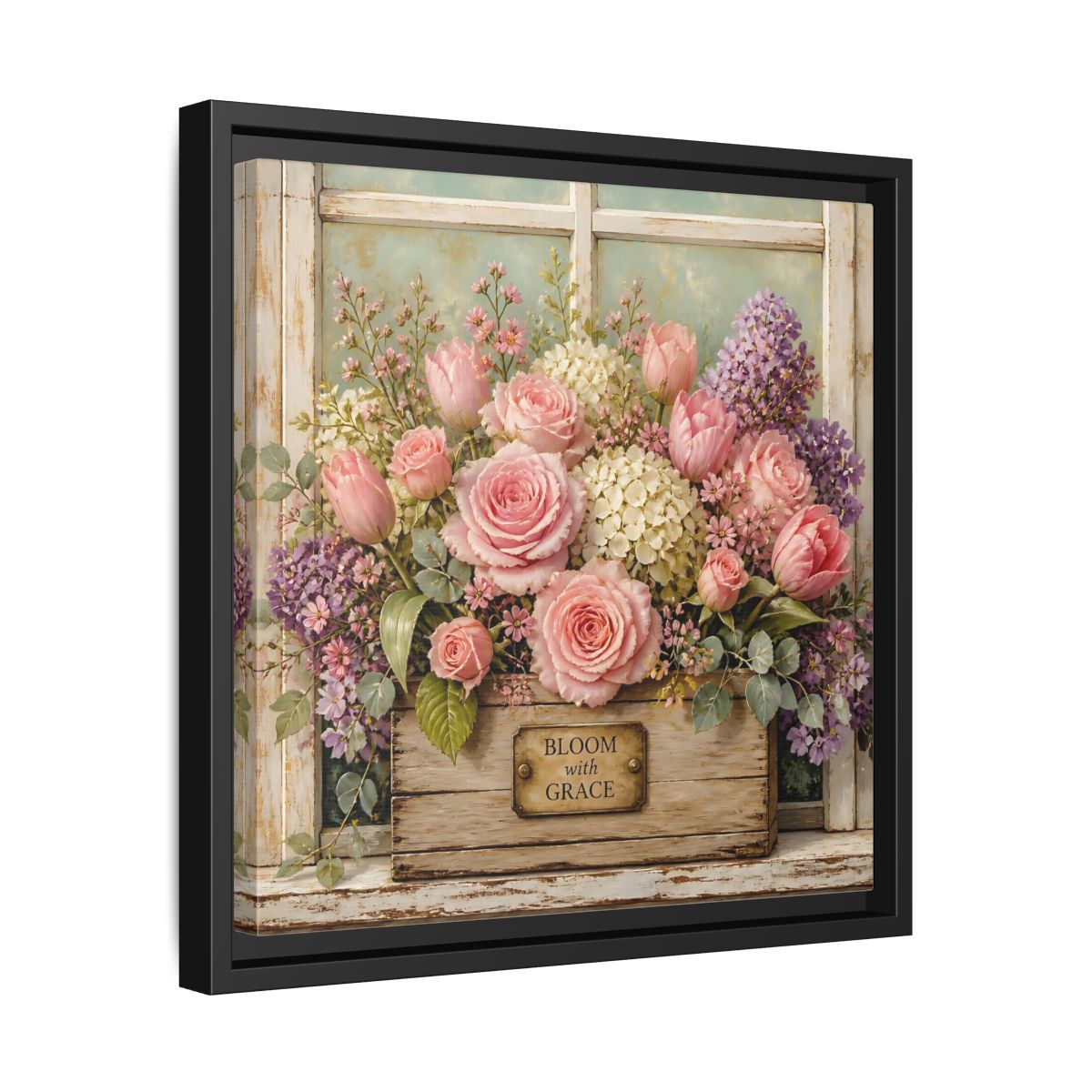 Side Mockup 32. Earthy Organic Realism Flowers Inside Weathered Wooden Box shown as stretched canvas wall art