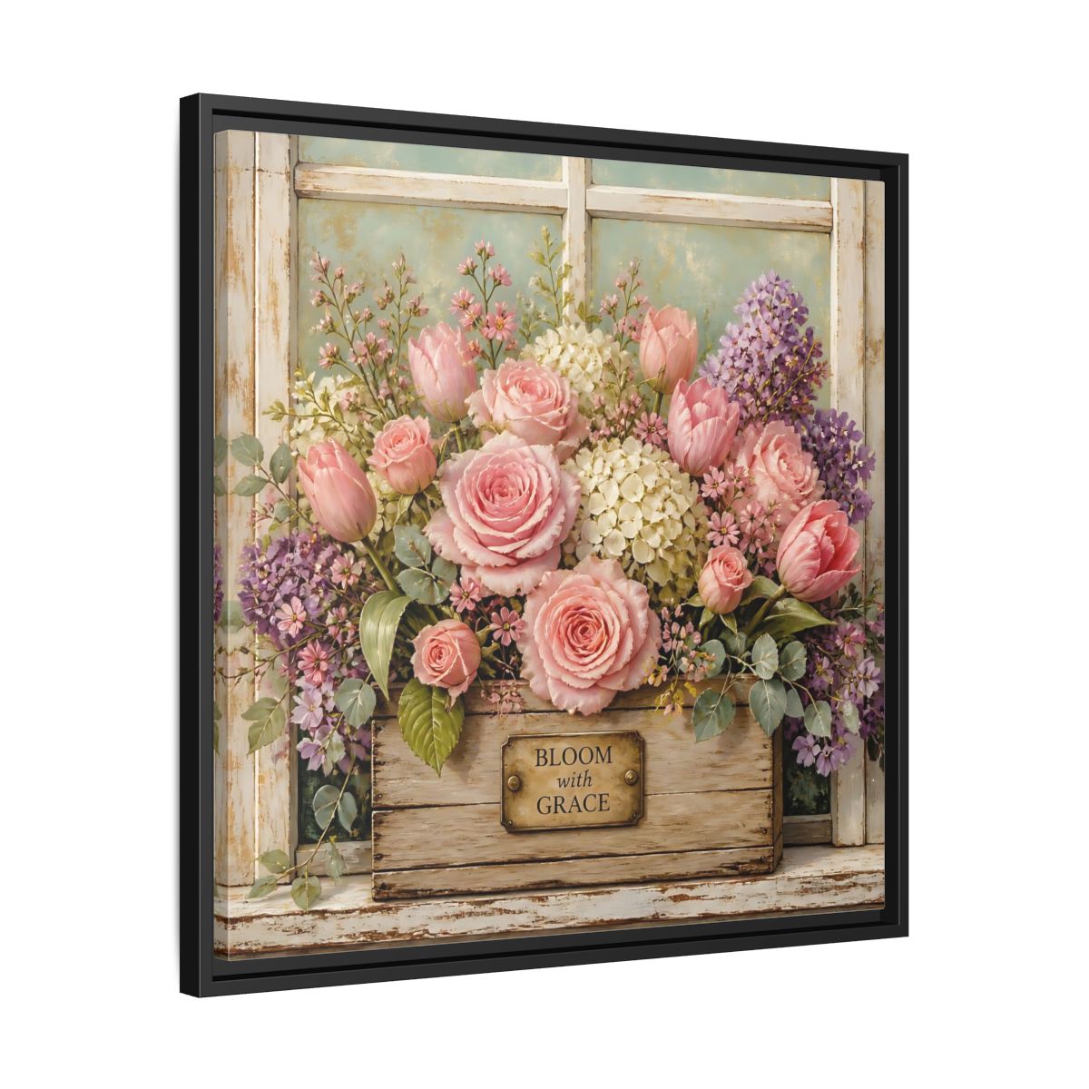 Side Mockup 31. Earthy Organic Realism Flowers Inside Weathered Wooden Box shown as stretched canvas wall art
