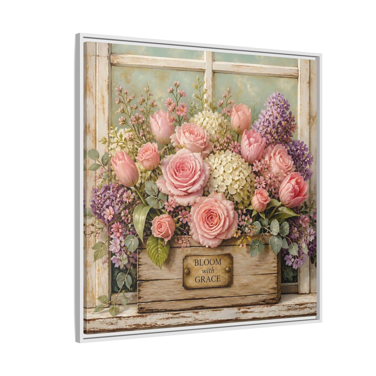 Side Mockup 4. Earthy Organic Realism Flowers Inside Weathered Wooden Box shown as stretched canvas wall art