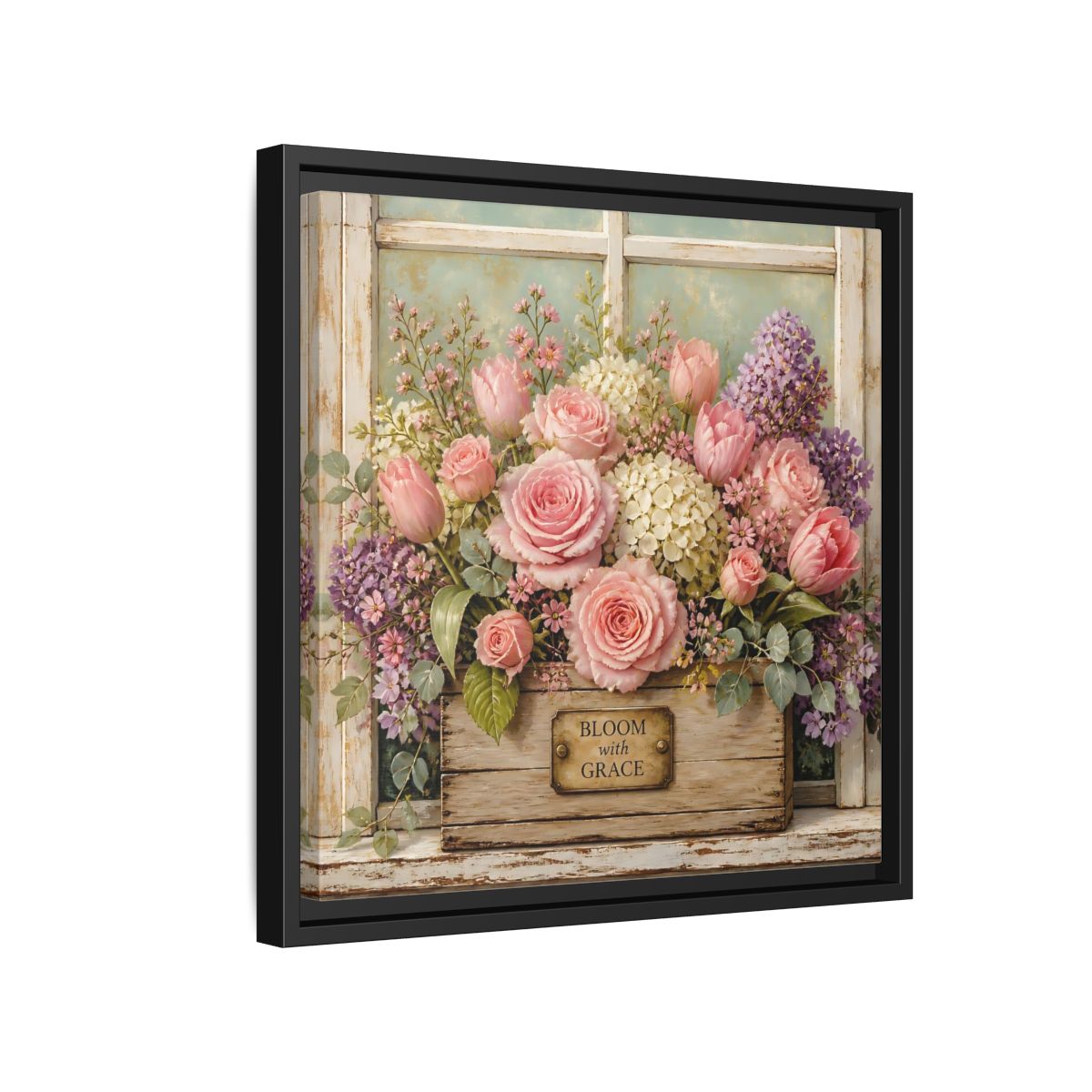 Side Mockup 15. Earthy Organic Realism Flowers Inside Weathered Wooden Box shown as stretched canvas wall art
