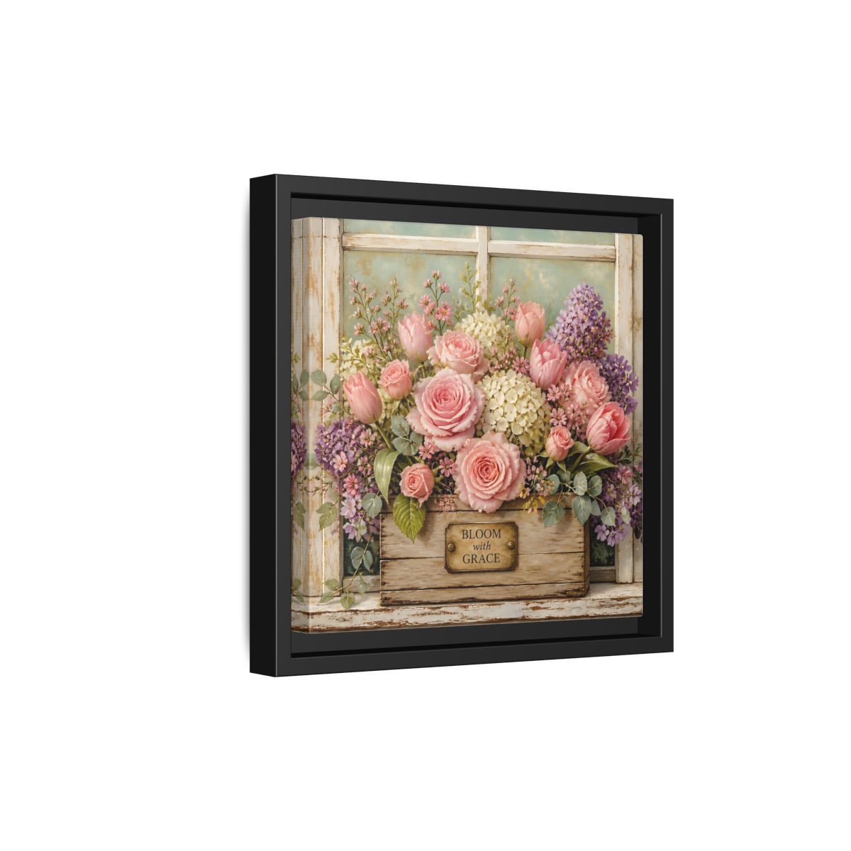 Side Mockup 21. Earthy Organic Realism Flowers Inside Weathered Wooden Box shown as stretched canvas wall art