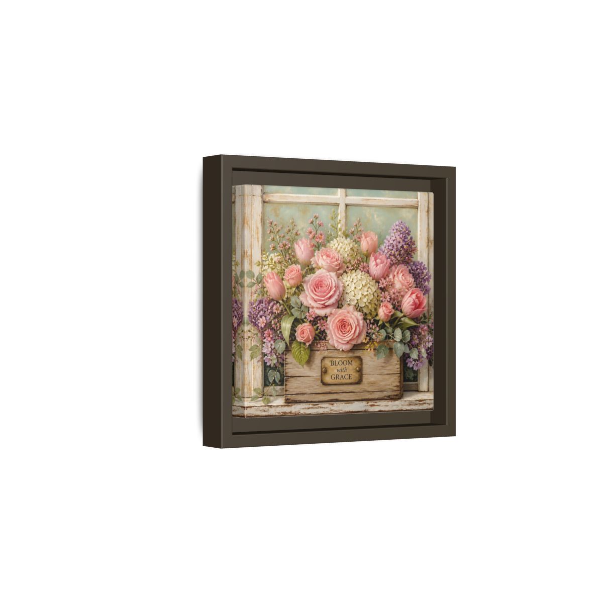 Side Mockup 2. Earthy Organic Realism Flowers Inside Weathered Wooden Box shown as stretched canvas wall art