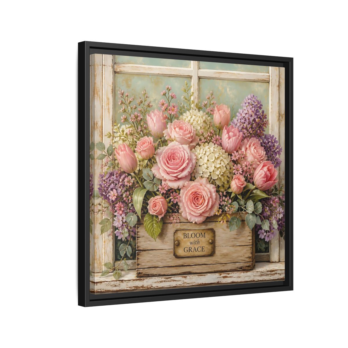 Side Mockup 12. Earthy Organic Realism Flowers Inside Weathered Wooden Box shown as stretched canvas wall art