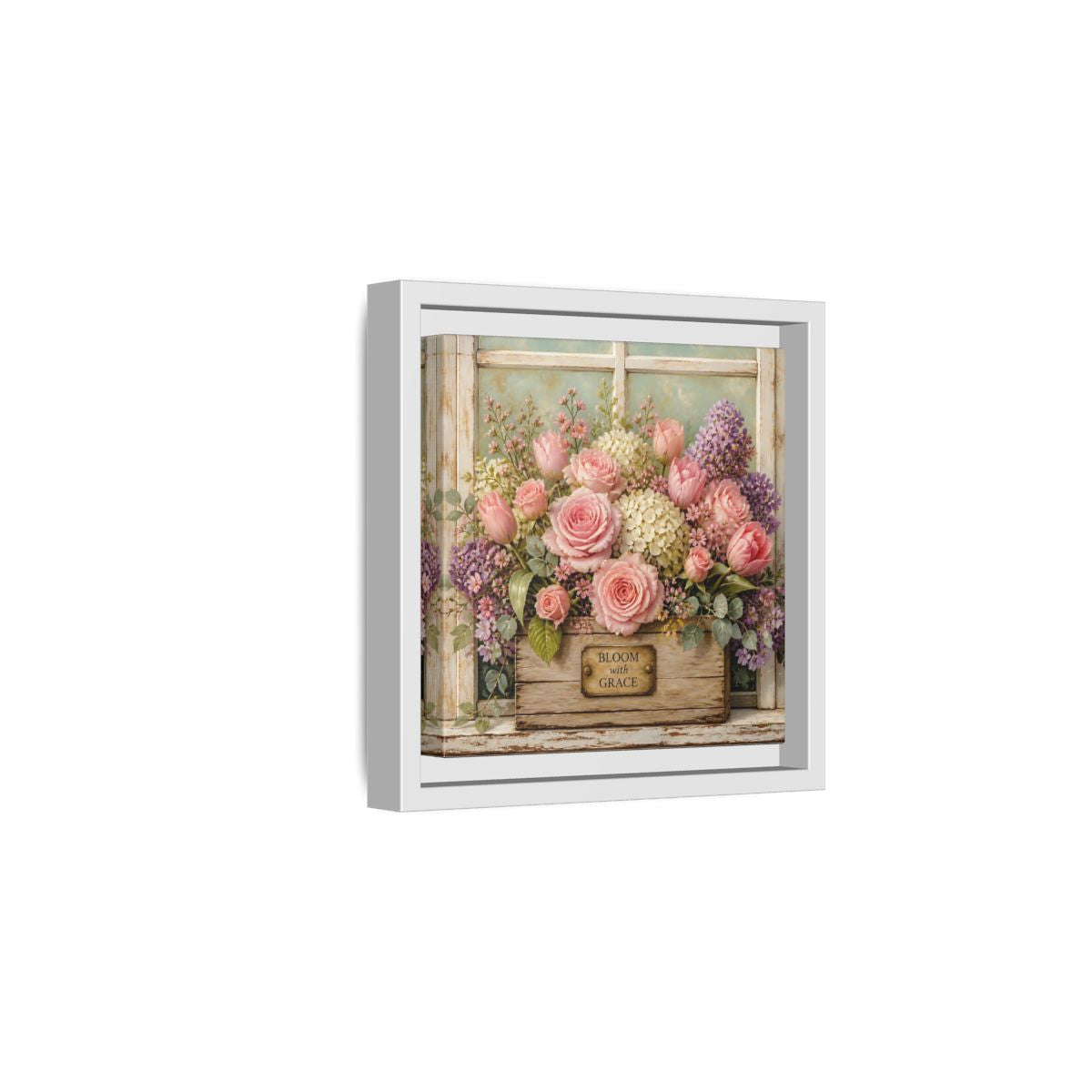 Side Mockup 1. Earthy Organic Realism Flowers Inside Weathered Wooden Box shown as stretched canvas wall art