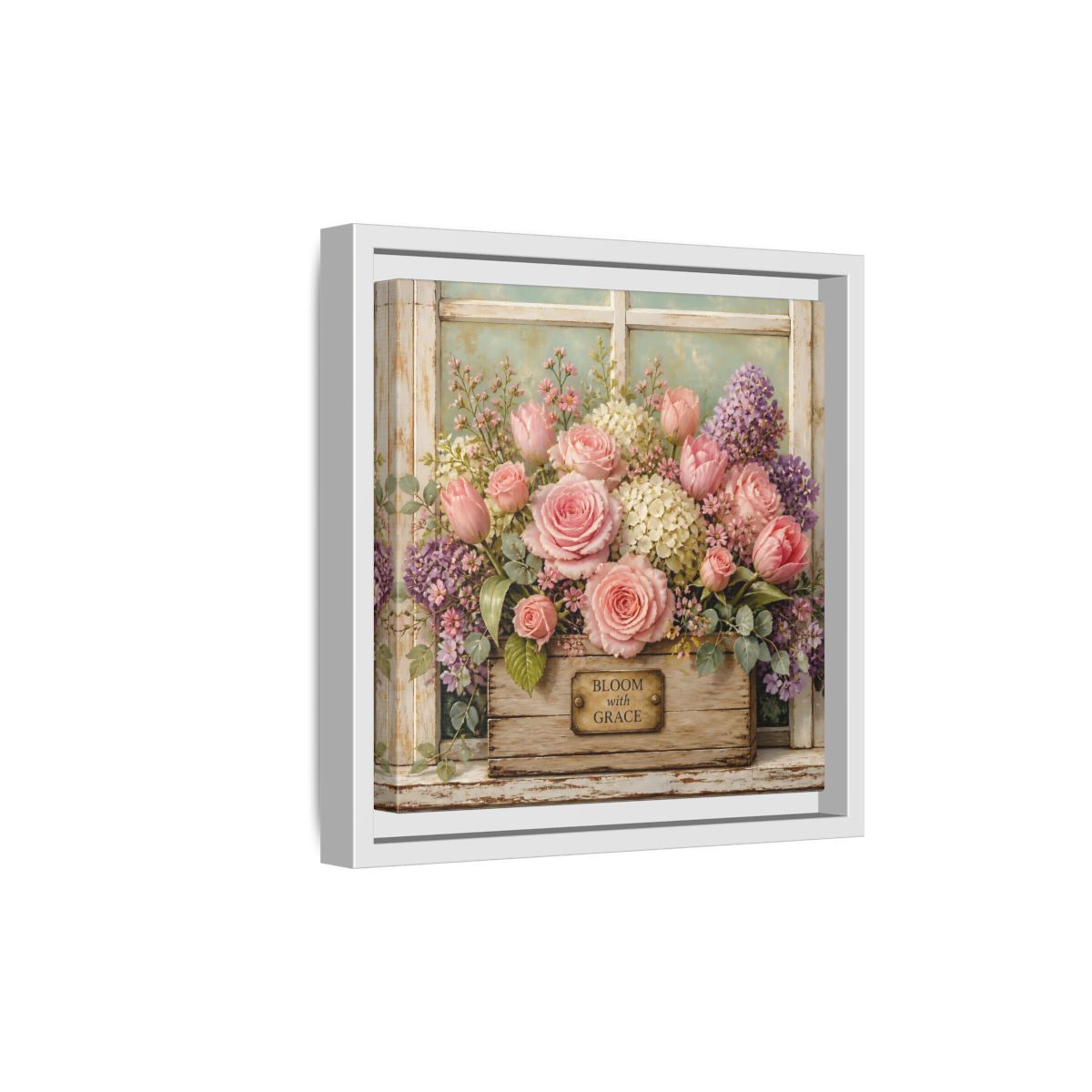 Side Mockup 19. Earthy Organic Realism Flowers Inside Weathered Wooden Box shown as stretched canvas wall art