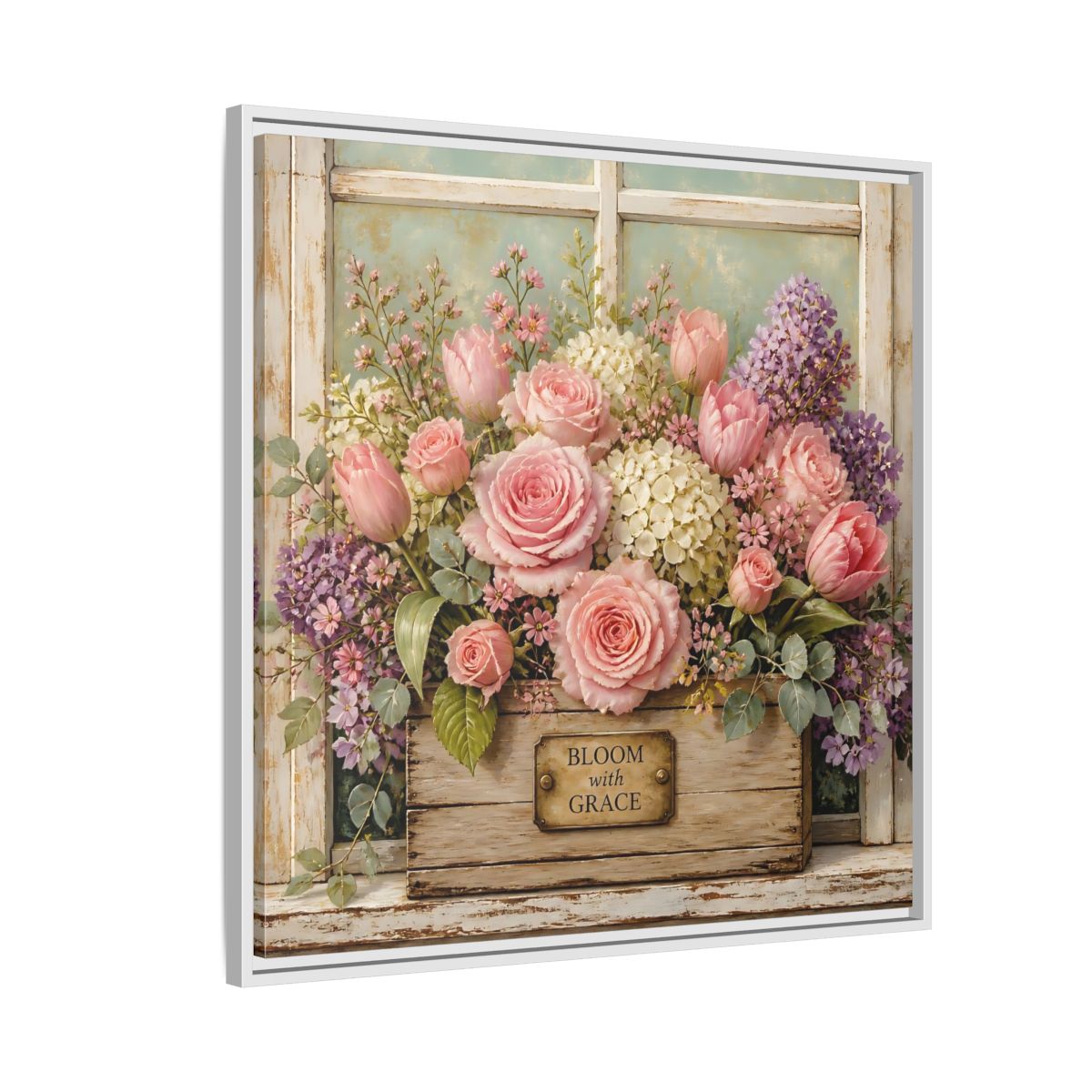 Side Mockup 7. Earthy Organic Realism Flowers Inside Weathered Wooden Box shown as stretched canvas wall art