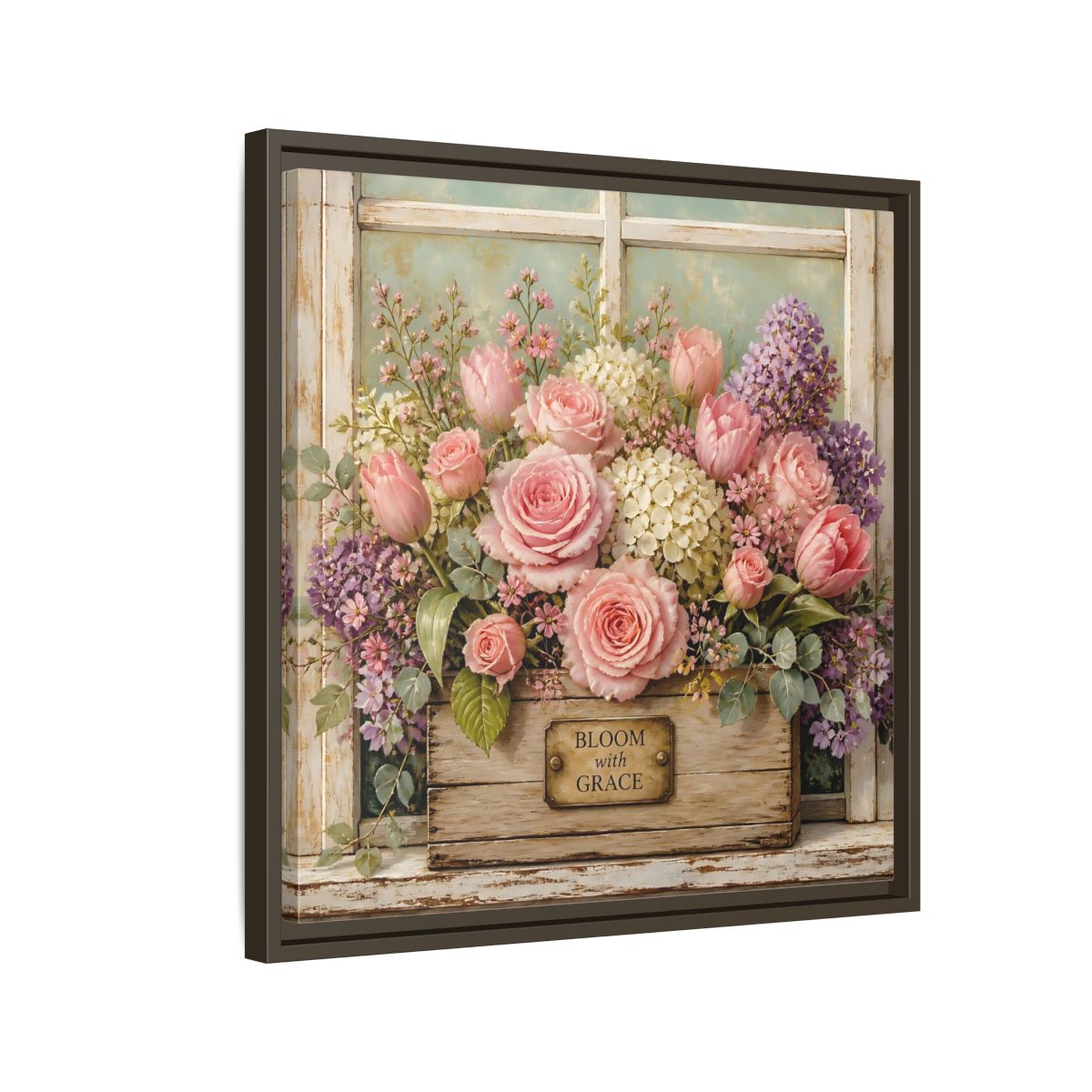 Side Mockup 11. Earthy Organic Realism Flowers Inside Weathered Wooden Box shown as stretched canvas wall art