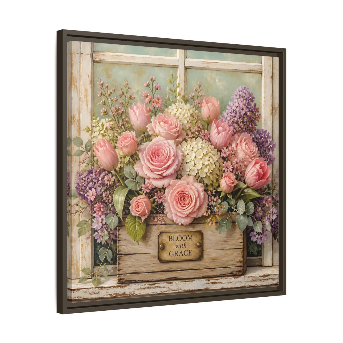 Side Mockup 27. Earthy Organic Realism Flowers Inside Weathered Wooden Box shown as stretched canvas wall art