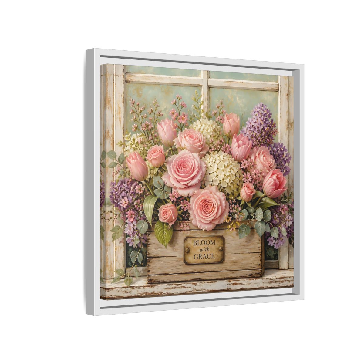 Side Mockup 13. Earthy Organic Realism Flowers Inside Weathered Wooden Box shown as stretched canvas wall art