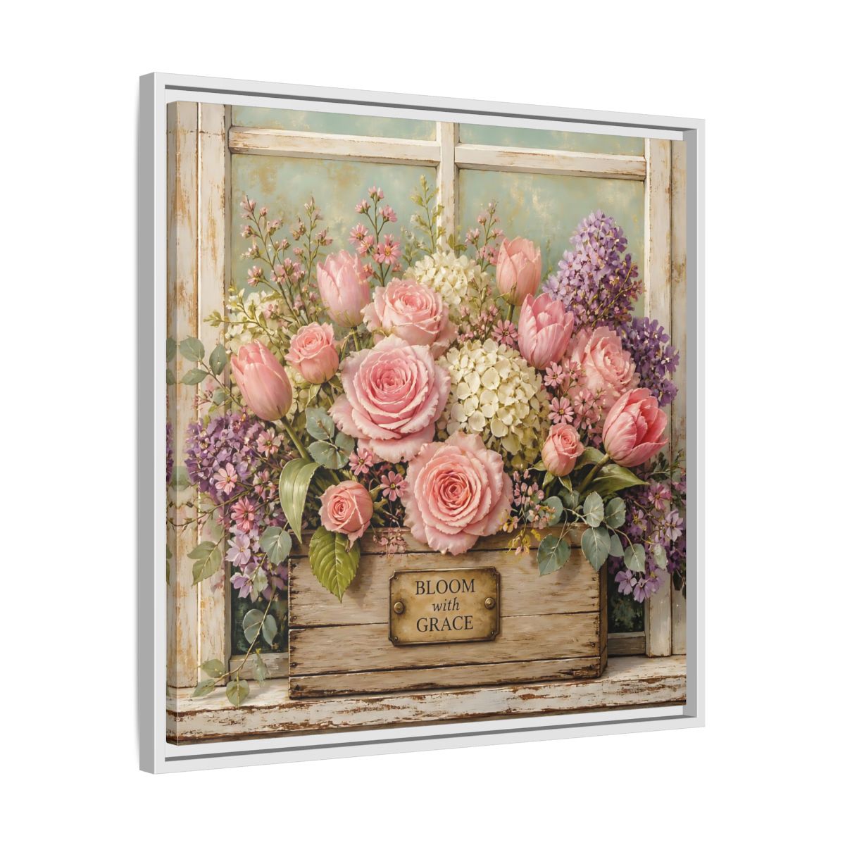 Side Mockup 26. Earthy Organic Realism Flowers Inside Weathered Wooden Box shown as stretched canvas wall art