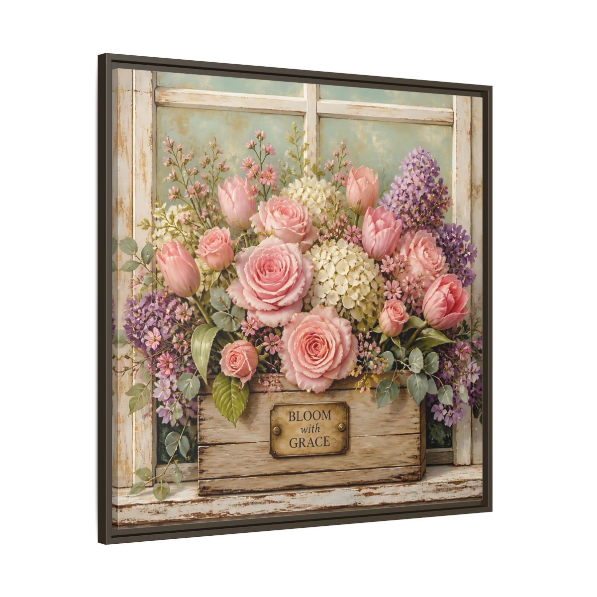 Main Mockup. Earthy Organic Realism Flowers Inside Weathered Wooden Box shown as stretched canvas wall art