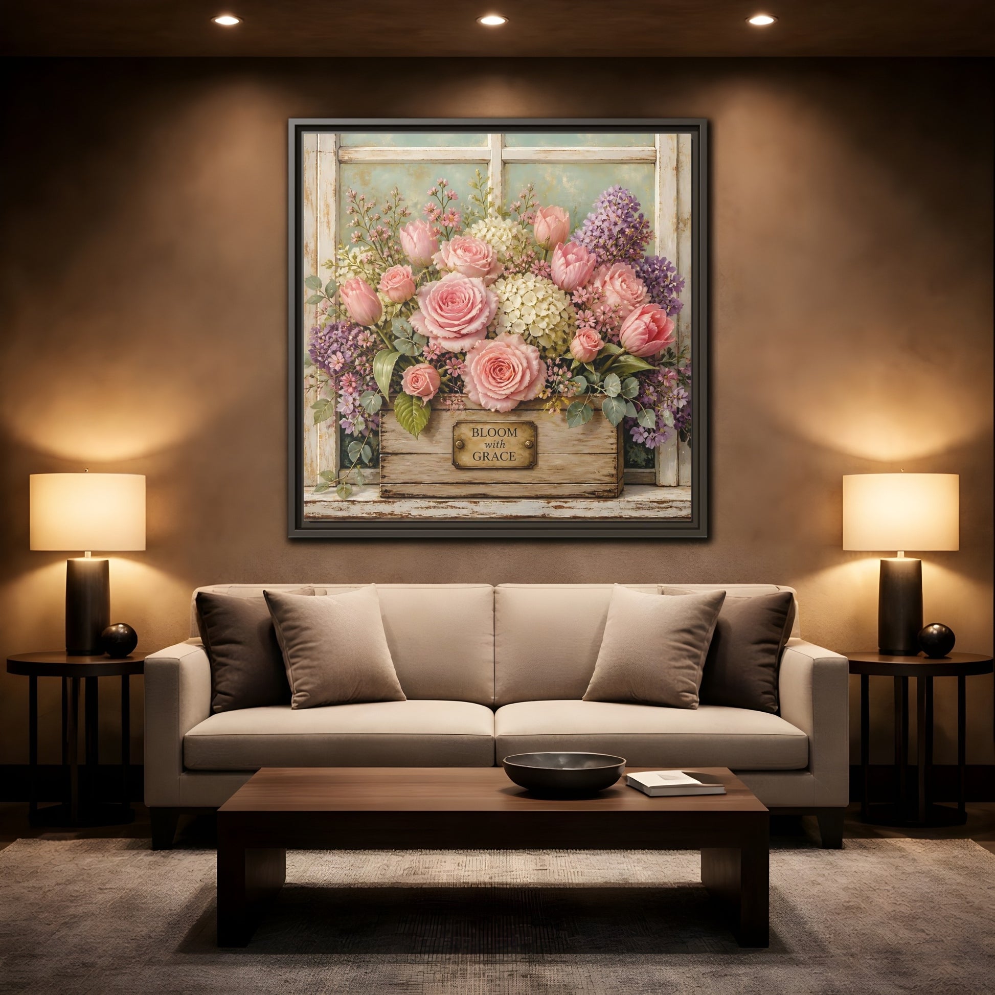 Mockup 2. Earthy Organic Realism Flowers Inside Weathered Wooden Box shown as stretched canvas wall art