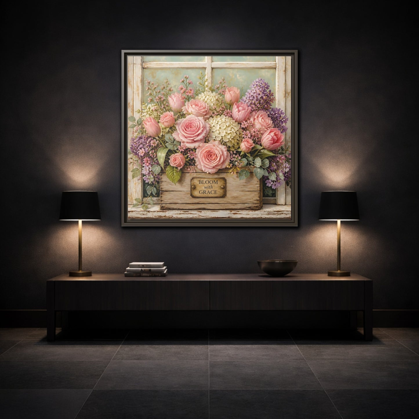 Mockup 3. Earthy Organic Realism Flowers Inside Weathered Wooden Box shown as stretched canvas wall art