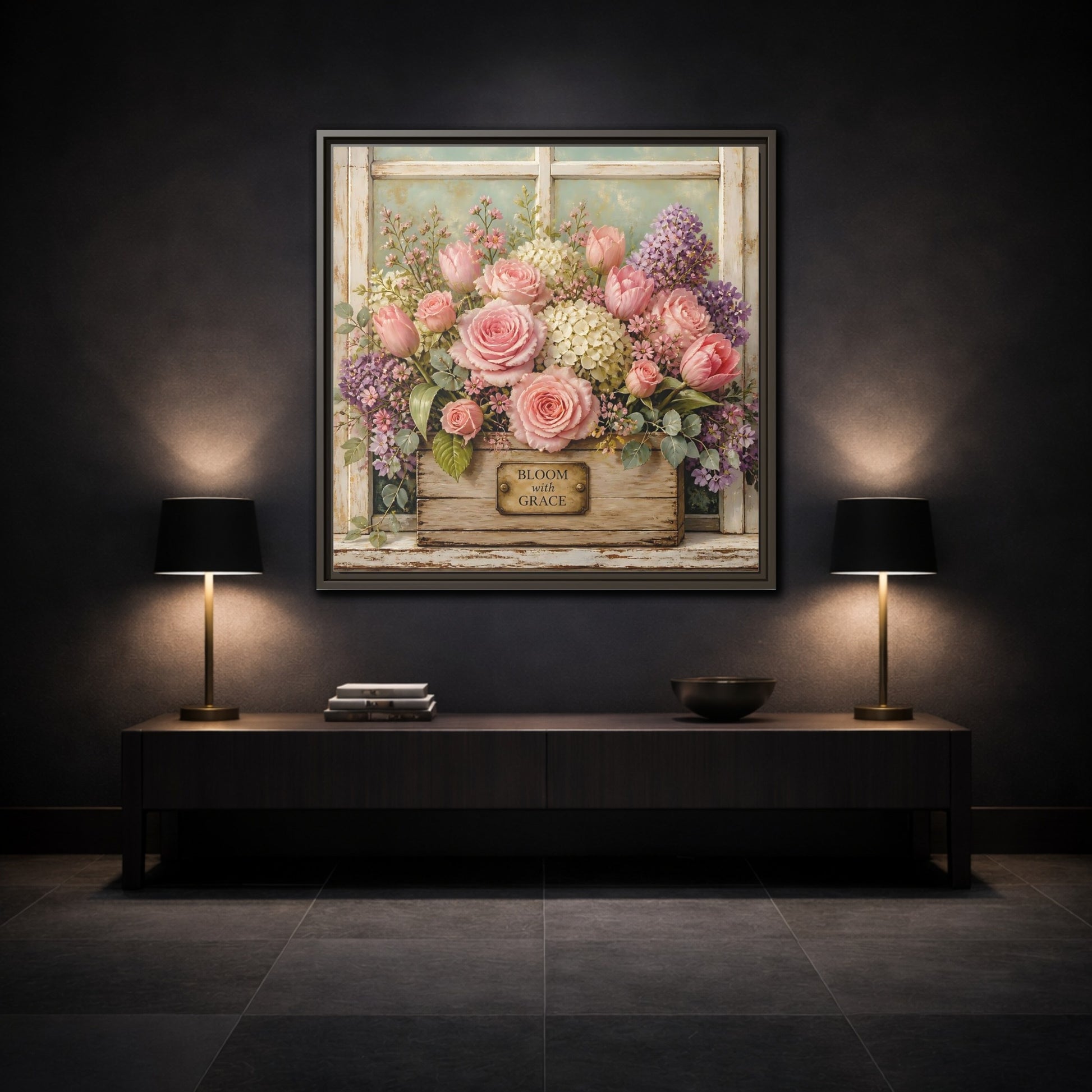Mockup 3. Earthy Organic Realism Flowers Inside Weathered Wooden Box shown as stretched canvas wall art
