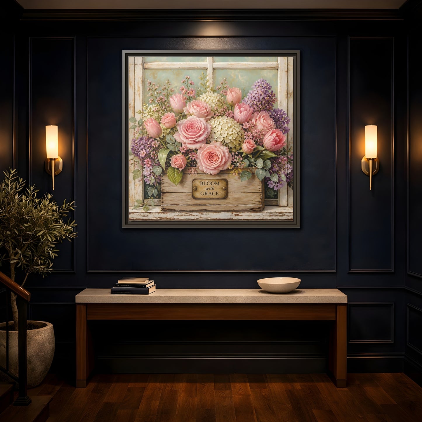 Mockup 4. Earthy Organic Realism Flowers Inside Weathered Wooden Box shown as stretched canvas wall art