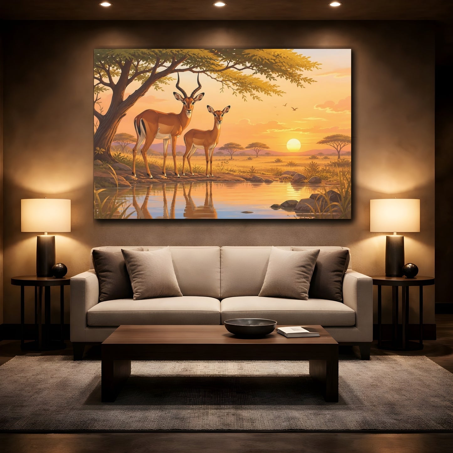 Mockup 2. Earthy Organic Realism Impala Pair Near Acacia Shade shown as stretched canvas wall art