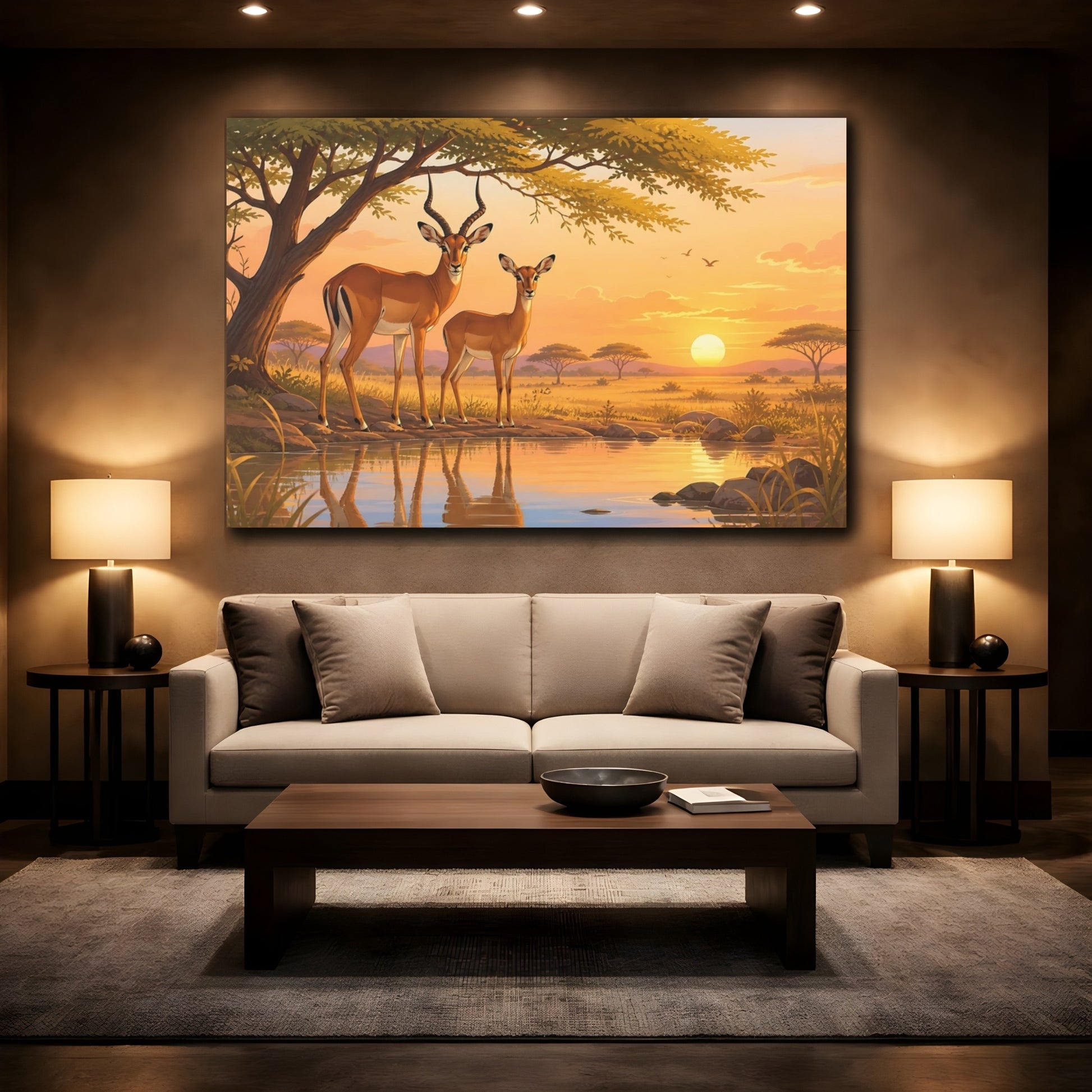 Mockup 2. Earthy Organic Realism Impala Pair Near Acacia Shade shown as stretched canvas wall art