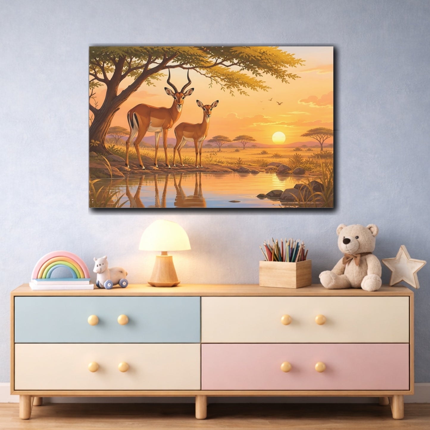 Mockup 3. Earthy Organic Realism Impala Pair Near Acacia Shade shown as stretched canvas wall art