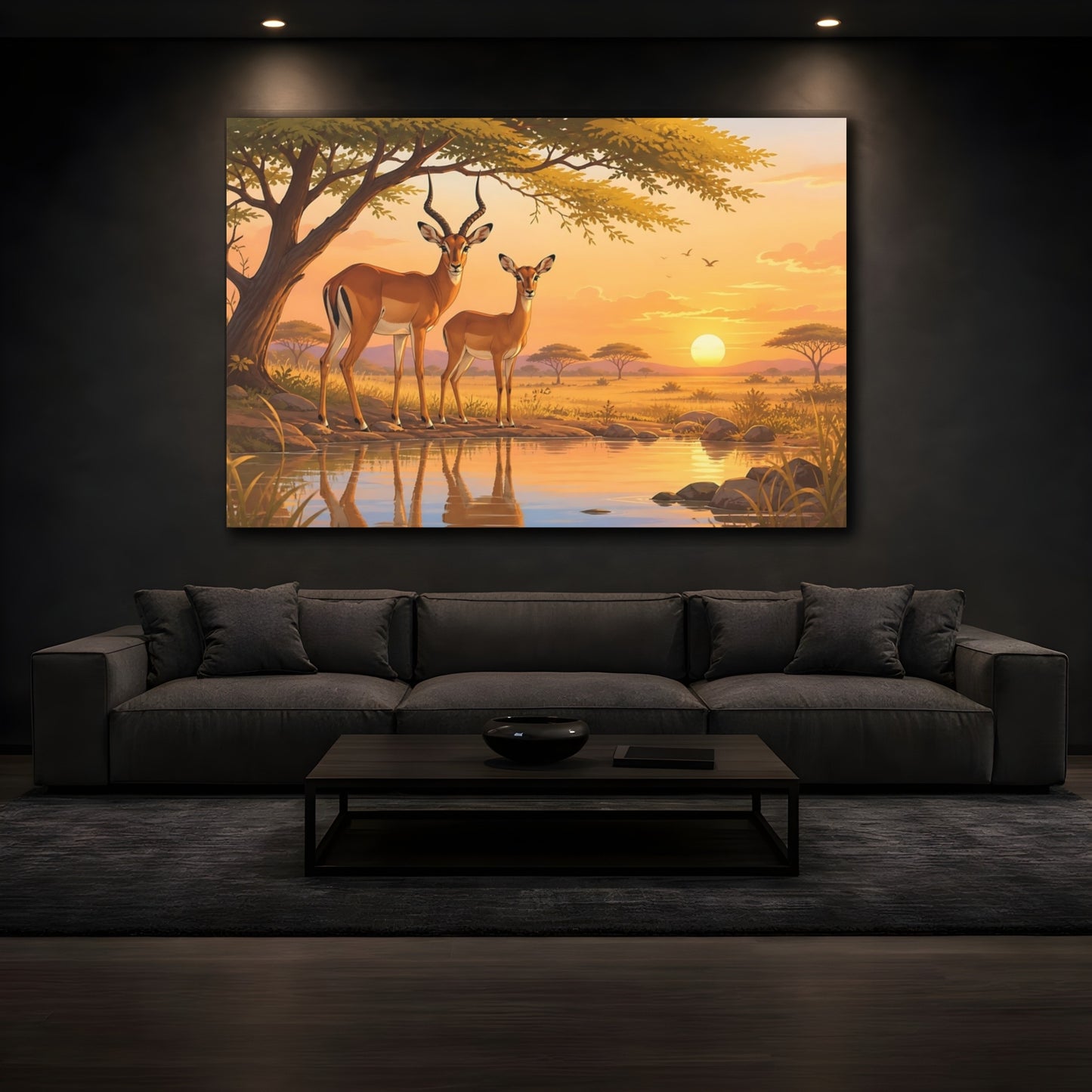 Mockup 4. Earthy Organic Realism Impala Pair Near Acacia Shade shown as stretched canvas wall art